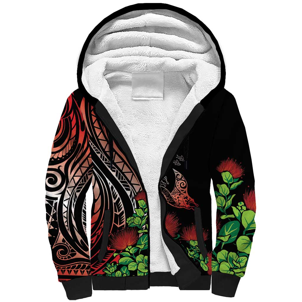 Aloha Hawaii Manta Rays Sherpa Hoodie Red Ohia Lehua