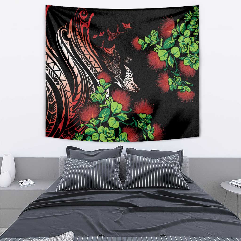 Aloha Hawaii Manta Rays Tapestry Red Ohia Lehua