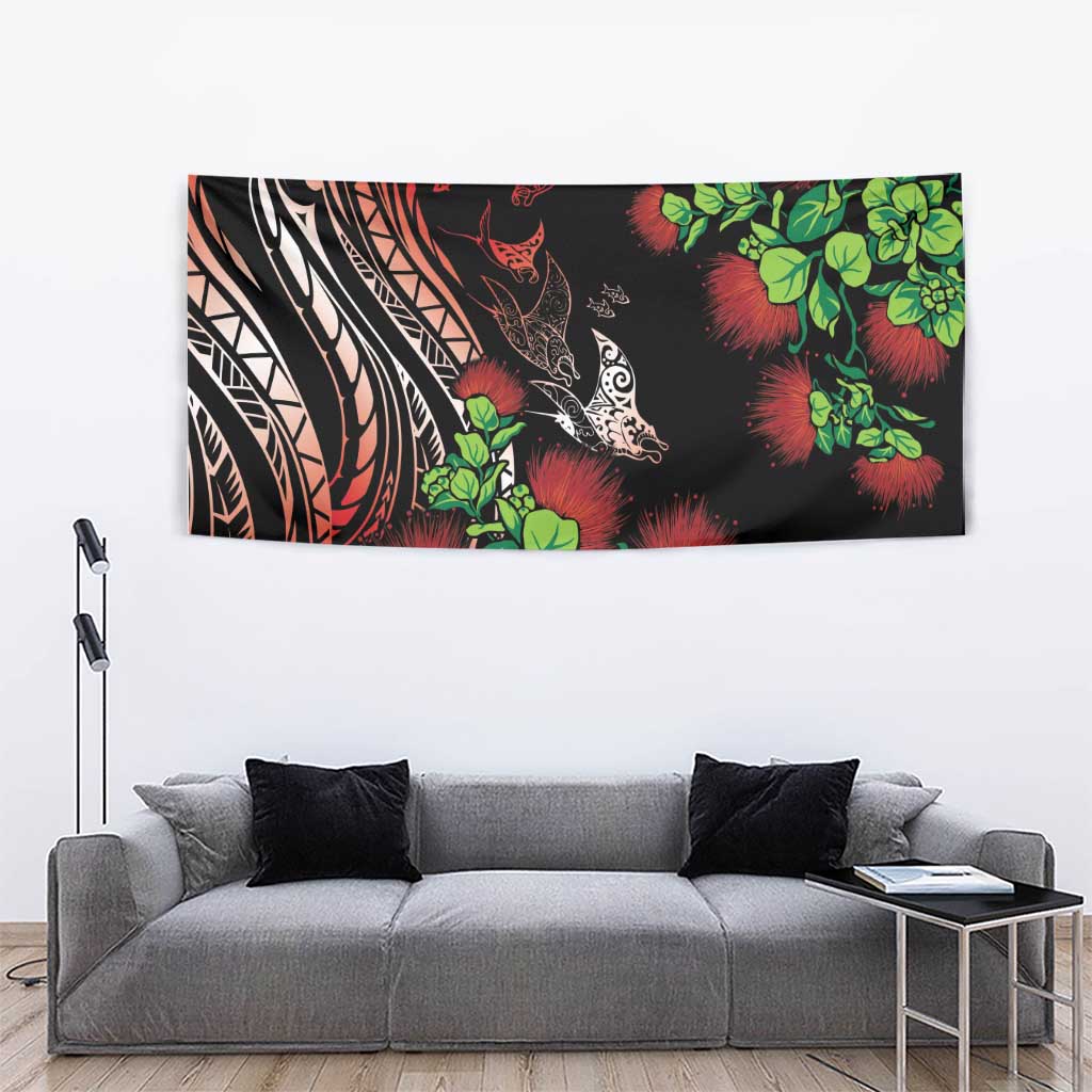 Aloha Hawaii Manta Rays Tapestry Red Ohia Lehua