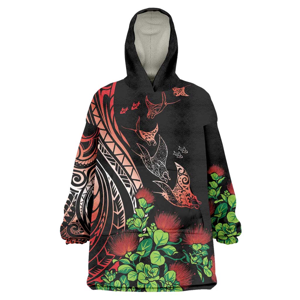 Aloha Hawaii Manta Rays Wearable Blanket Hoodie Red Ohia Lehua