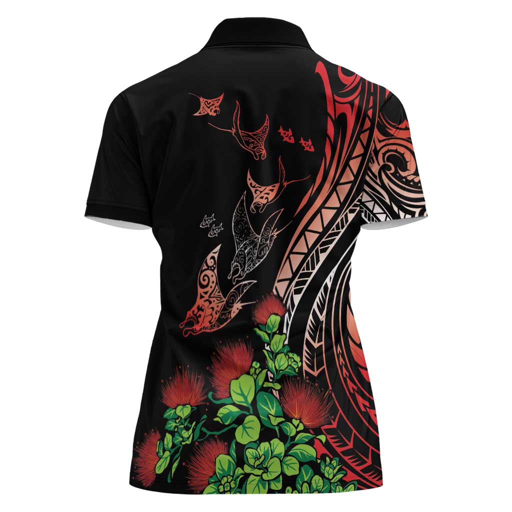Aloha Hawaii Manta Rays Women Polo Shirt Red Ohia Lehua