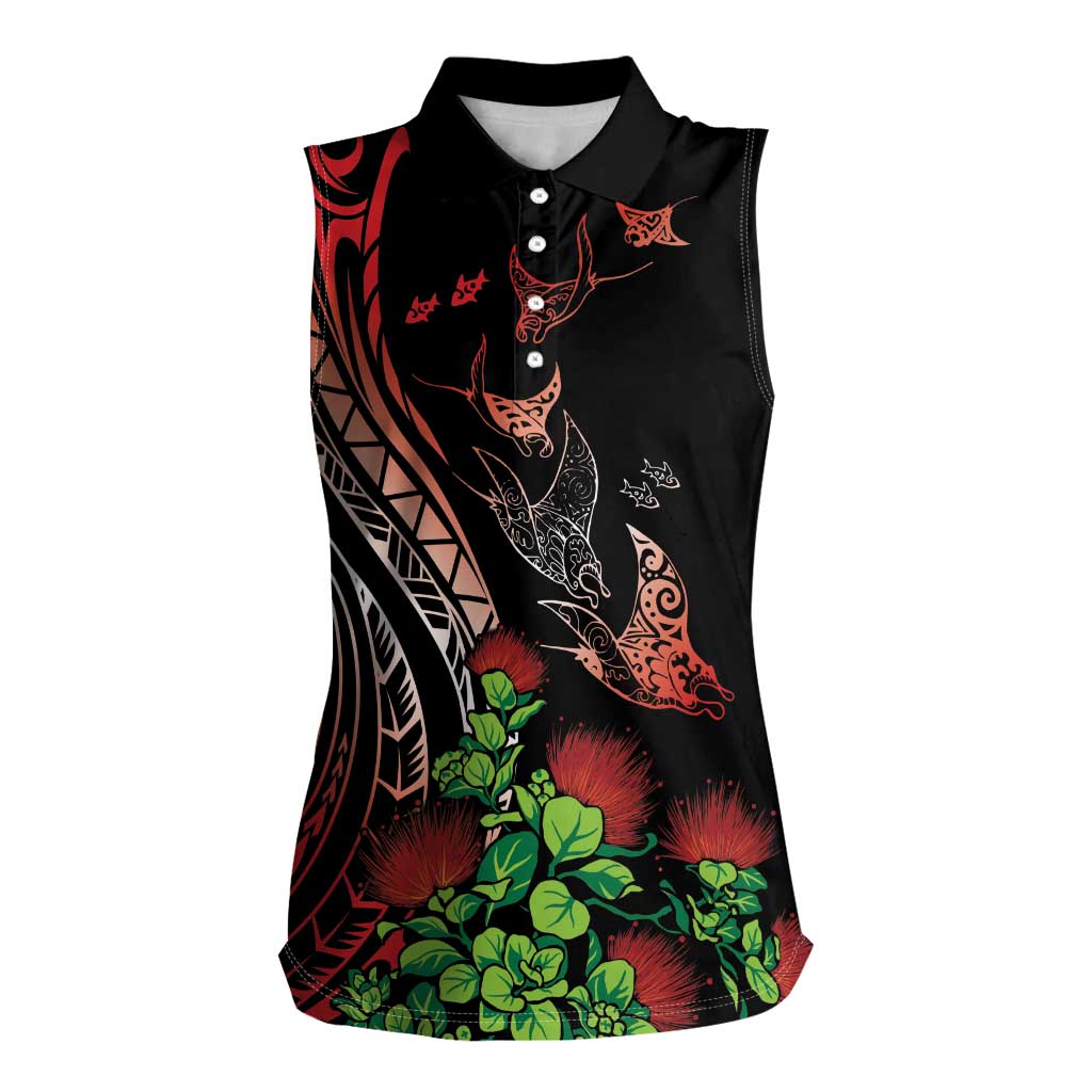 Aloha Hawaii Manta Rays Women Sleeveless Polo Shirt Red Ohia Lehua