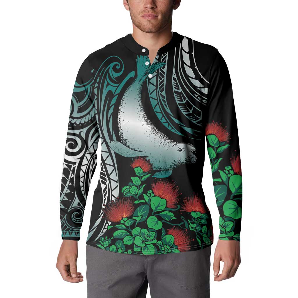 Aloha Hawaii Monk Seal Button Sweatshirt Mix Ohia Lehua