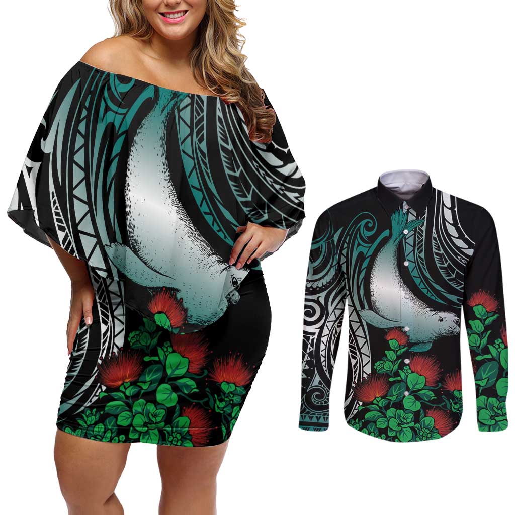 Aloha Hawaii Monk Seal Couples Matching Off Shoulder Short Dress and Long Sleeve Button Shirt Mix Ohia Lehua