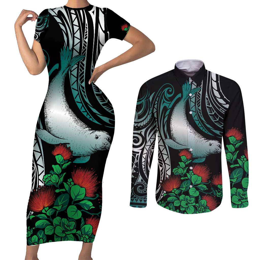 Aloha Hawaii Monk Seal Couples Matching Short Sleeve Bodycon Dress and Long Sleeve Button Shirt Mix Ohia Lehua
