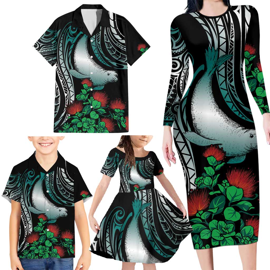 Aloha Hawaii Monk Seal Family Matching Long Sleeve Bodycon Dress and Hawaiian Shirt Mix Ohia Lehua