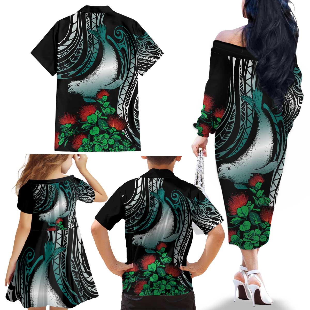 Aloha Hawaii Monk Seal Family Matching Off The Shoulder Long Sleeve Dress and Hawaiian Shirt Mix Ohia Lehua