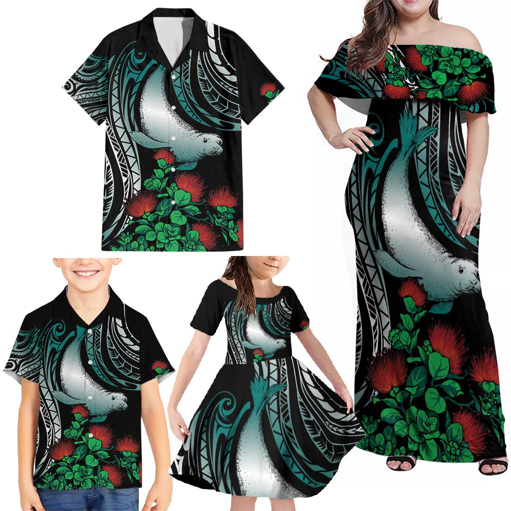 Aloha Hawaii Monk Seal Family Matching Off Shoulder Maxi Dress and Hawaiian Shirt Mix Ohia Lehua
