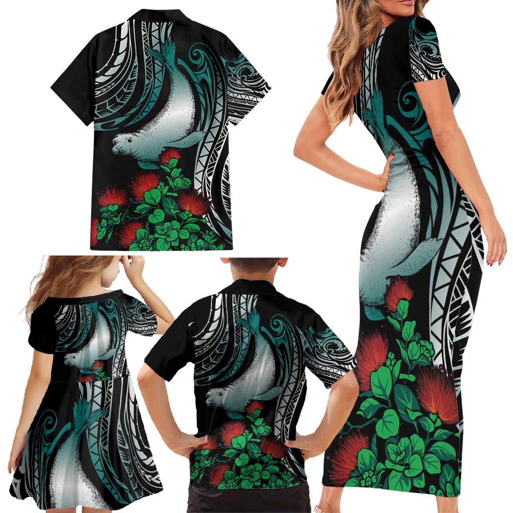 Aloha Hawaii Monk Seal Family Matching Short Sleeve Bodycon Dress and Hawaiian Shirt Mix Ohia Lehua