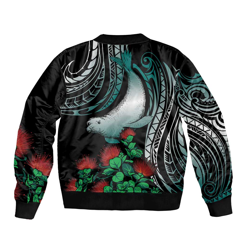 Aloha Hawaii Monk Seal Sleeve Zip Bomber Jacket Mix Ohia Lehua