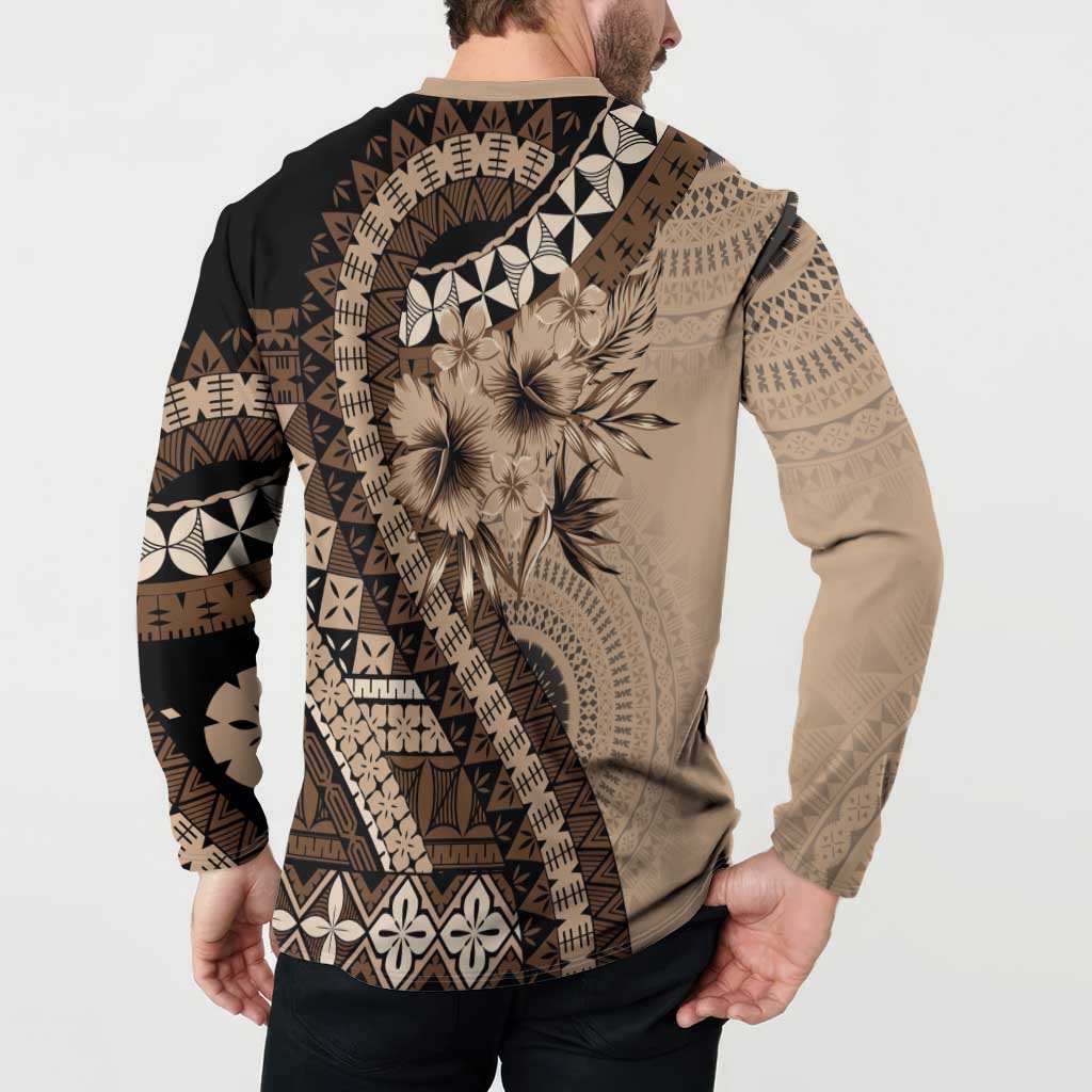 Bula Fiji Button Sweatshirt Mocha Brown Kaivity Masi Tapa