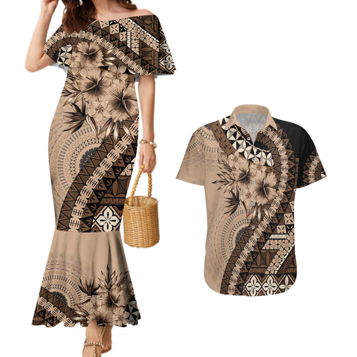 Bula Fiji Couples Matching Mermaid Dress and Hawaiian Shirt Mocha Brown Kaivity Masi Tapa