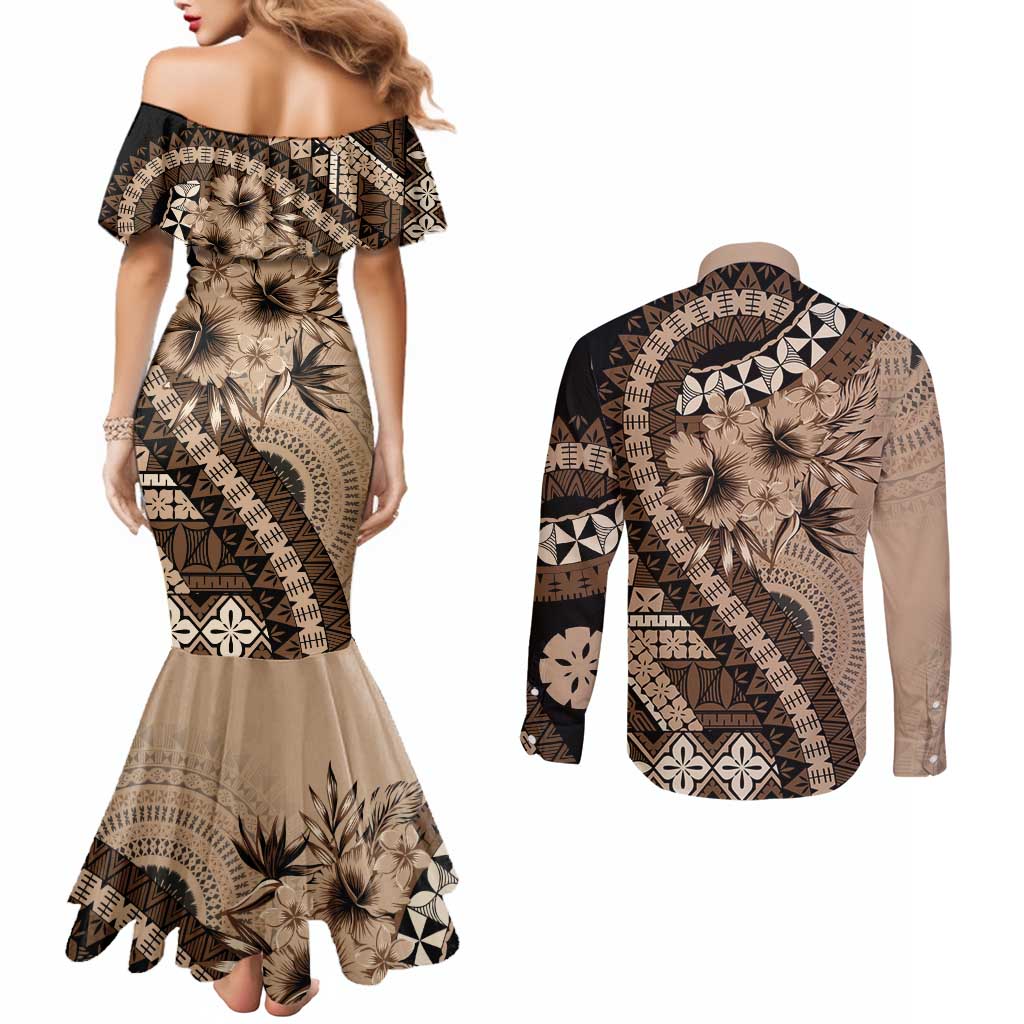 Bula Fiji Couples Matching Mermaid Dress and Long Sleeve Button Shirt Mocha Brown Kaivity Masi Tapa