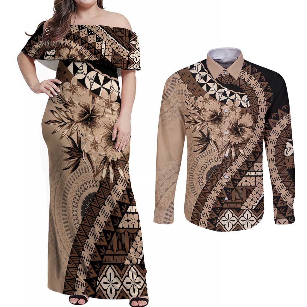 Bula Fiji Couples Matching Off Shoulder Maxi Dress and Long Sleeve Button Shirt Mocha Brown Kaivity Masi Tapa