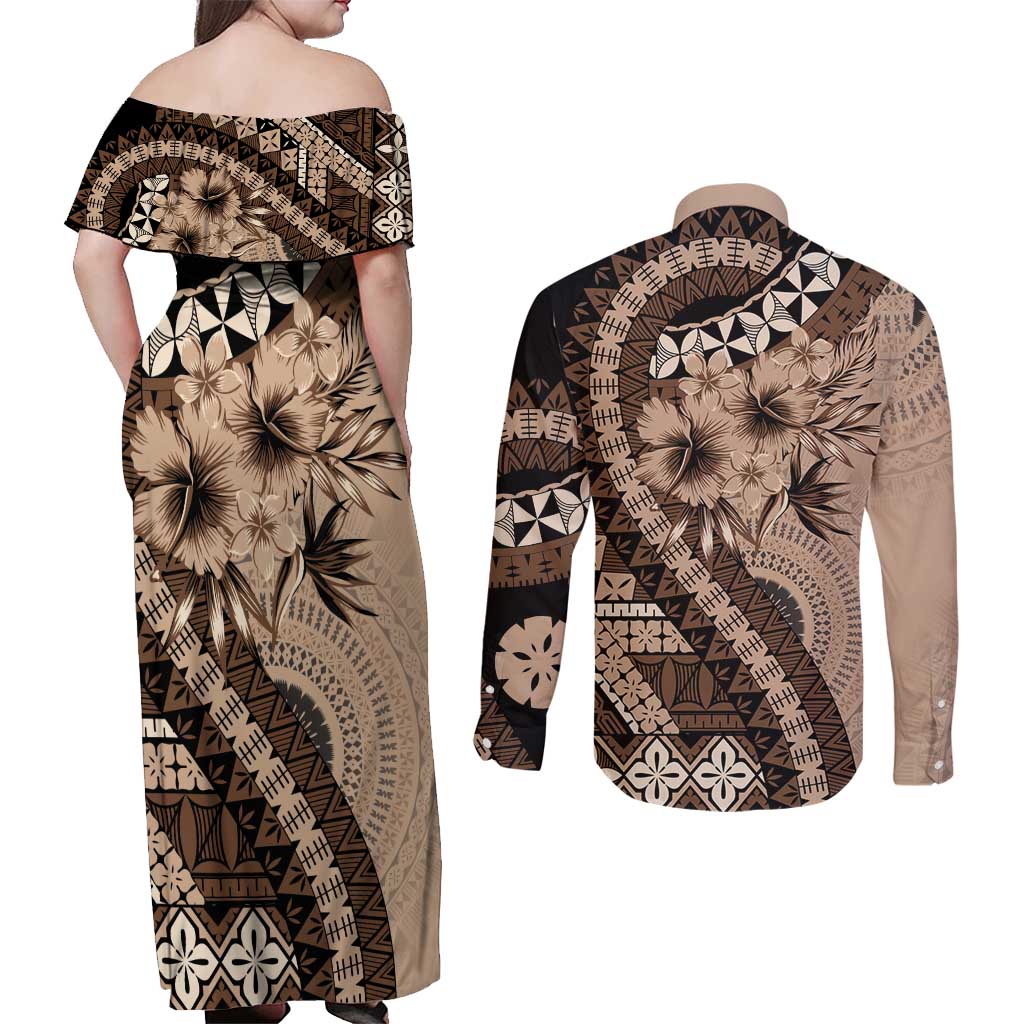 Bula Fiji Couples Matching Off Shoulder Maxi Dress and Long Sleeve Button Shirt Mocha Brown Kaivity Masi Tapa