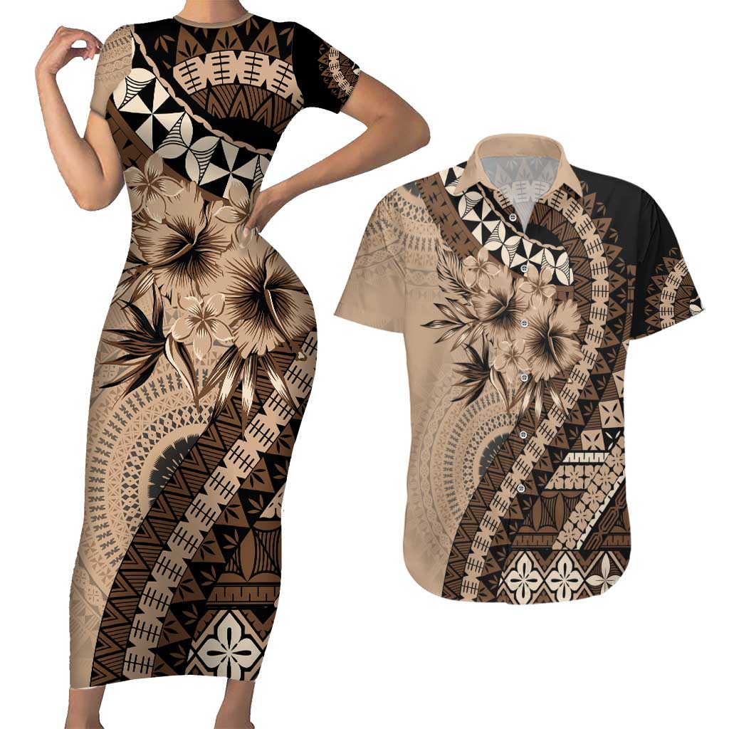 Bula Fiji Couples Matching Short Sleeve Bodycon Dress and Hawaiian Shirt Mocha Brown Kaivity Masi Tapa