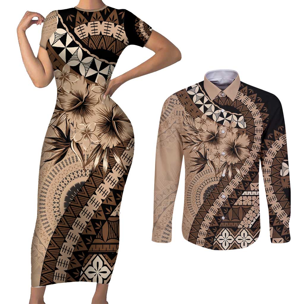 Bula Fiji Couples Matching Short Sleeve Bodycon Dress and Long Sleeve Button Shirt Mocha Brown Kaivity Masi Tapa
