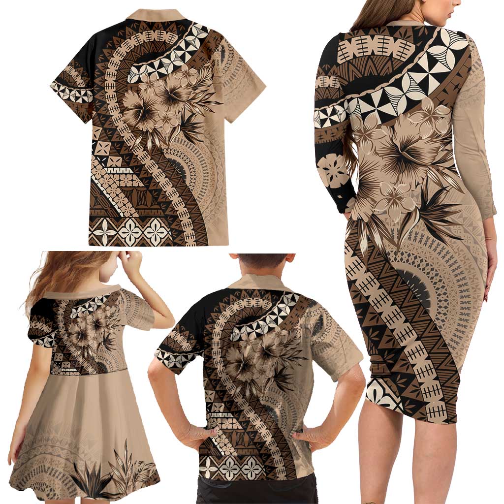 Bula Fiji Family Matching Long Sleeve Bodycon Dress and Hawaiian Shirt Mocha Brown Kaivity Masi Tapa