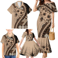 Bula Fiji Family Matching Mermaid Dress and Hawaiian Shirt Mocha Brown Kaivity Masi Tapa