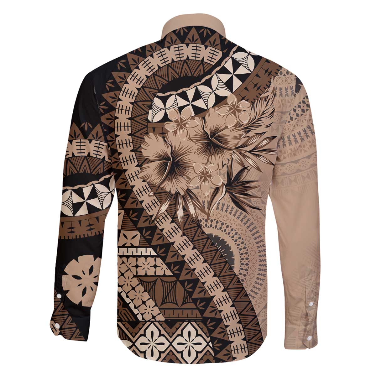 Bula Fiji Family Matching Off The Shoulder Long Sleeve Dress and Hawaiian Shirt Mocha Brown Kaivity Masi Tapa