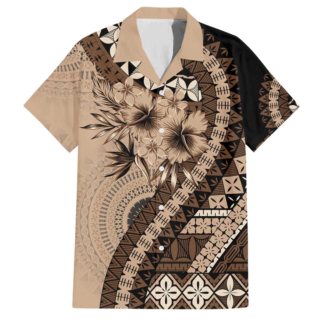 Bula Fiji Family Matching Off Shoulder Maxi Dress and Hawaiian Shirt Mocha Brown Kaivity Masi Tapa