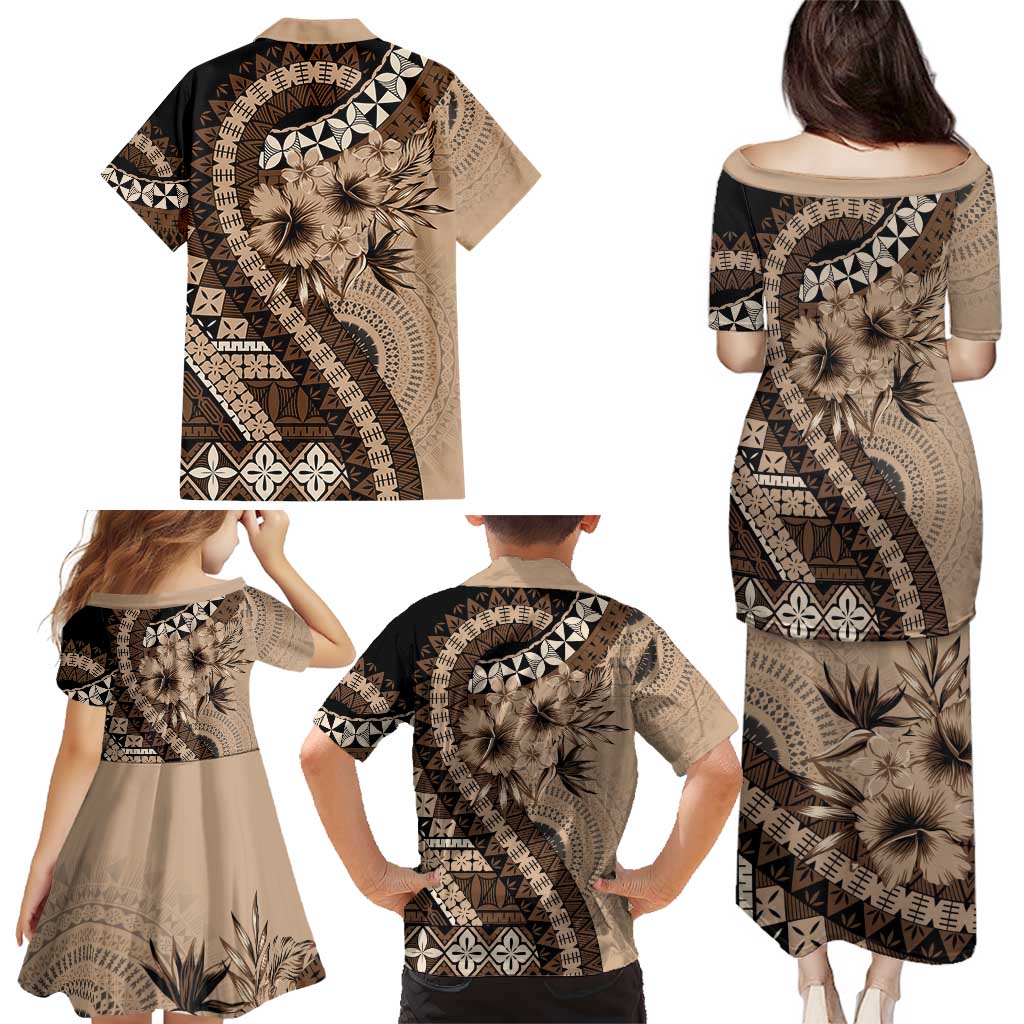 Bula Fiji Family Matching Puletasi and Hawaiian Shirt Mocha Brown Kaivity Masi Tapa