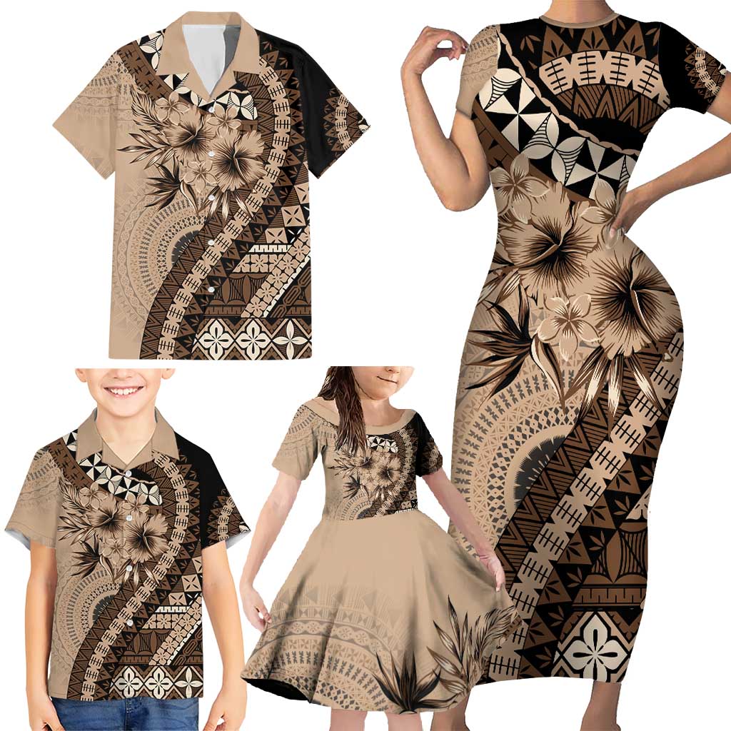 Bula Fiji Family Matching Short Sleeve Bodycon Dress and Hawaiian Shirt Mocha Brown Kaivity Masi Tapa