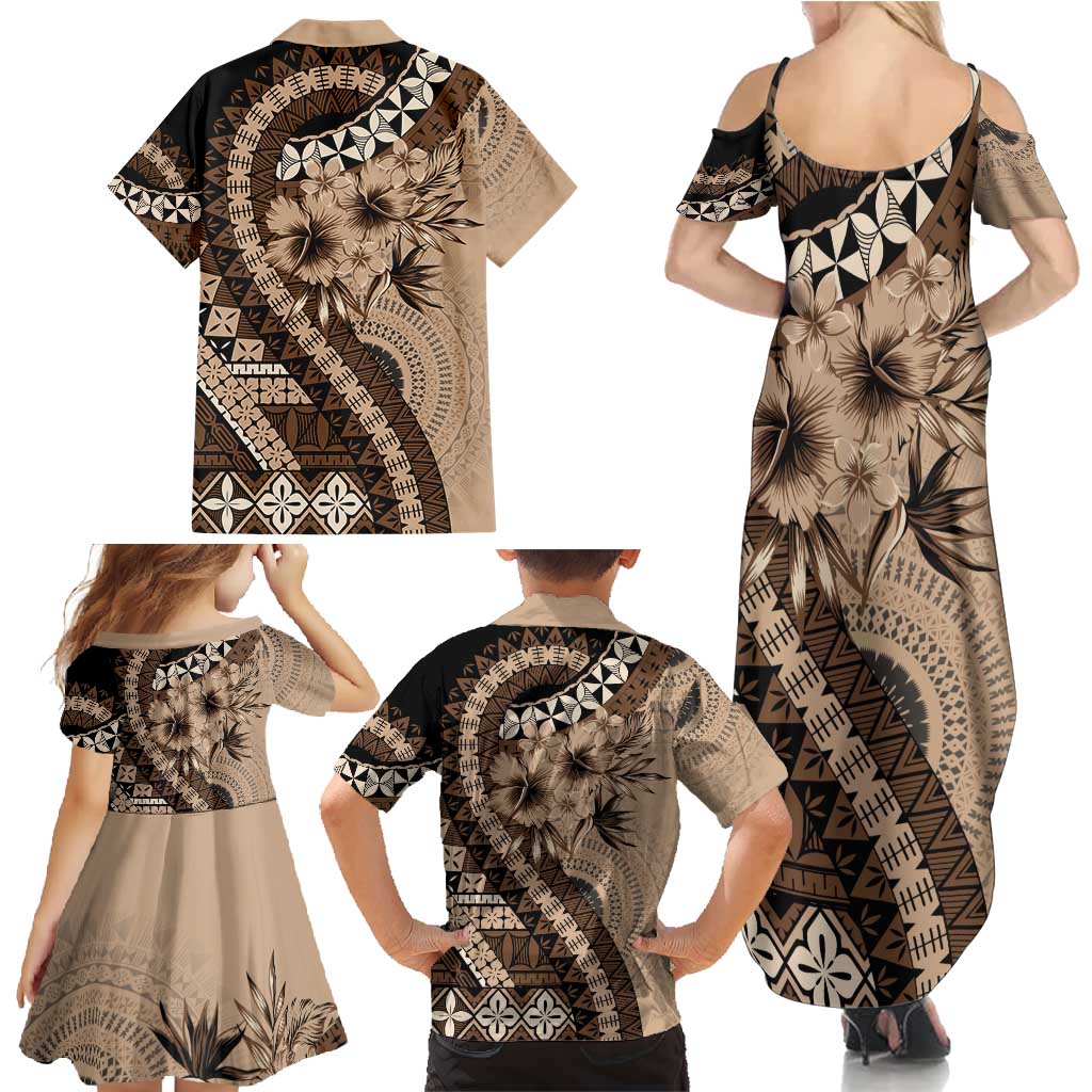 Bula Fiji Family Matching Summer Maxi Dress and Hawaiian Shirt Mocha Brown Kaivity Masi Tapa