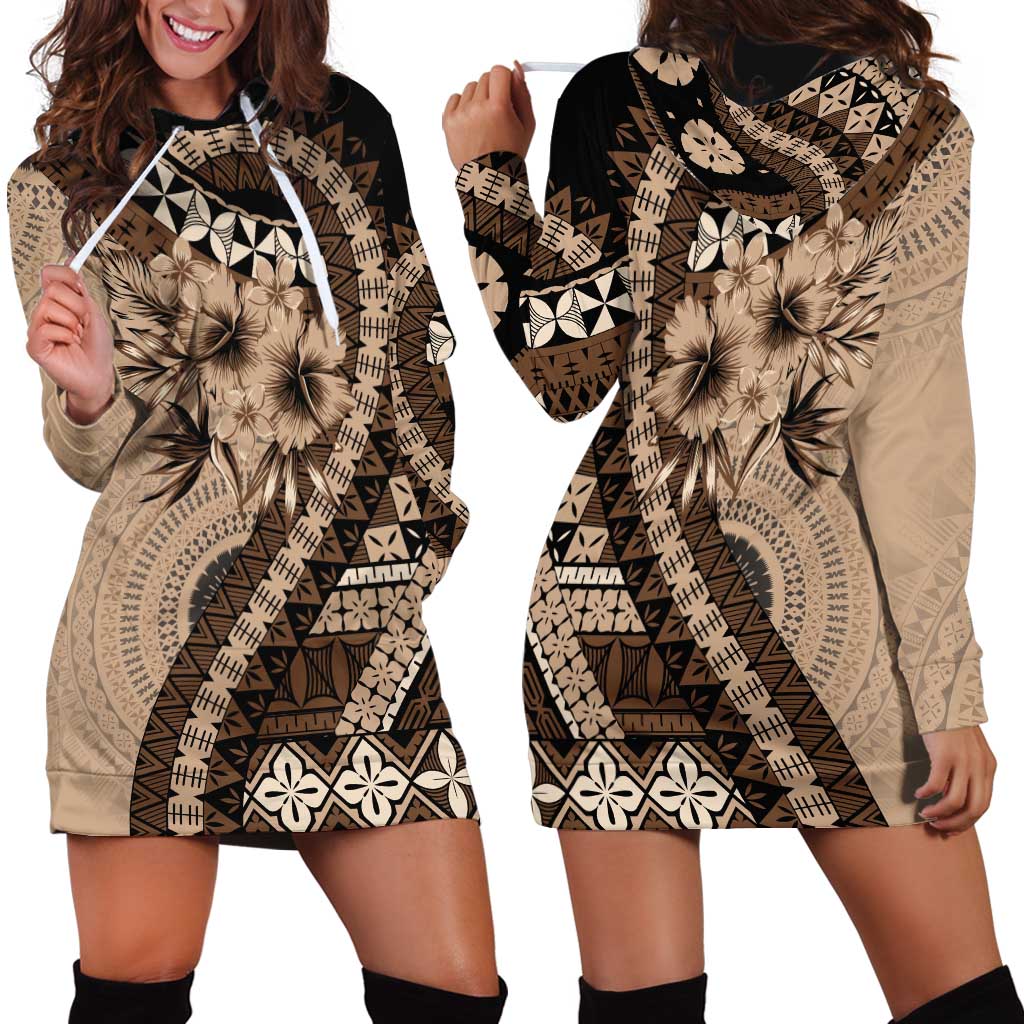 Bula Fiji Hoodie Dress Mocha Brown Kaivity Masi Tapa LT7 - Polynesian Pride