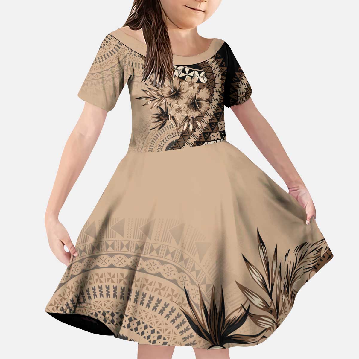 Bula Fiji Kid Short Sleeve Dress Mocha Brown Kaivity Masi Tapa