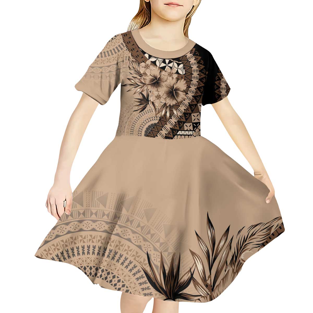 Bula Fiji Kid Short Sleeve Dress Mocha Brown Kaivity Masi Tapa