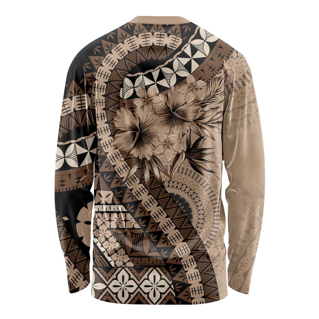 Bula Fiji Long Sleeve Shirt Mocha Brown Kaivity Masi Tapa