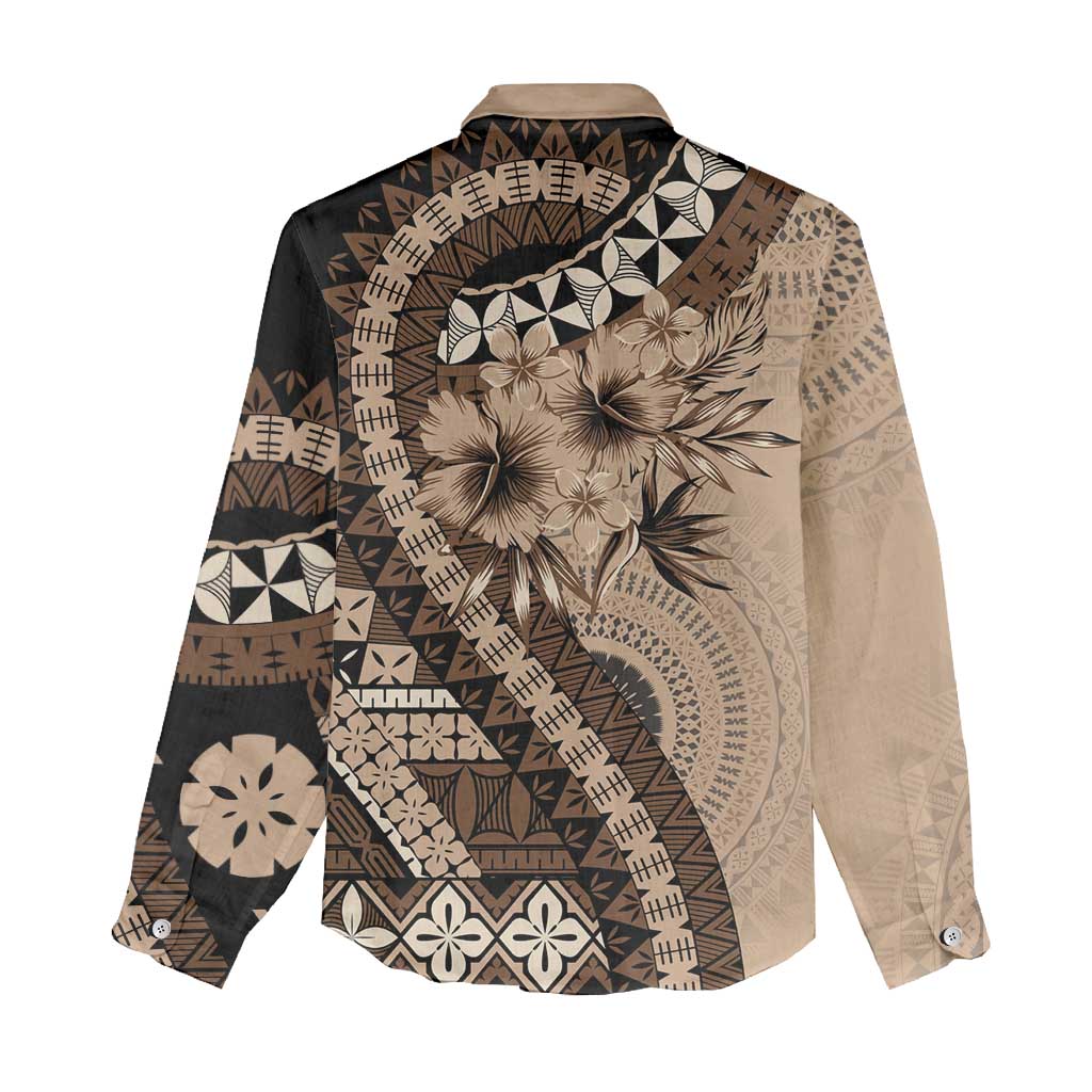 Bula Fiji Women Casual Shirt Mocha Brown Kaivity Masi Tapa