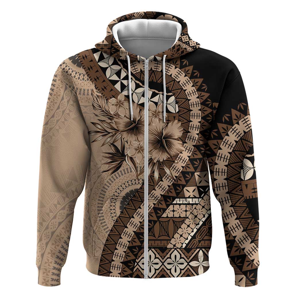 Bula Fiji Zip Hoodie Mocha Brown Kaivity Masi Tapa LT7 Zip Hoodie Brown - Polynesian Pride