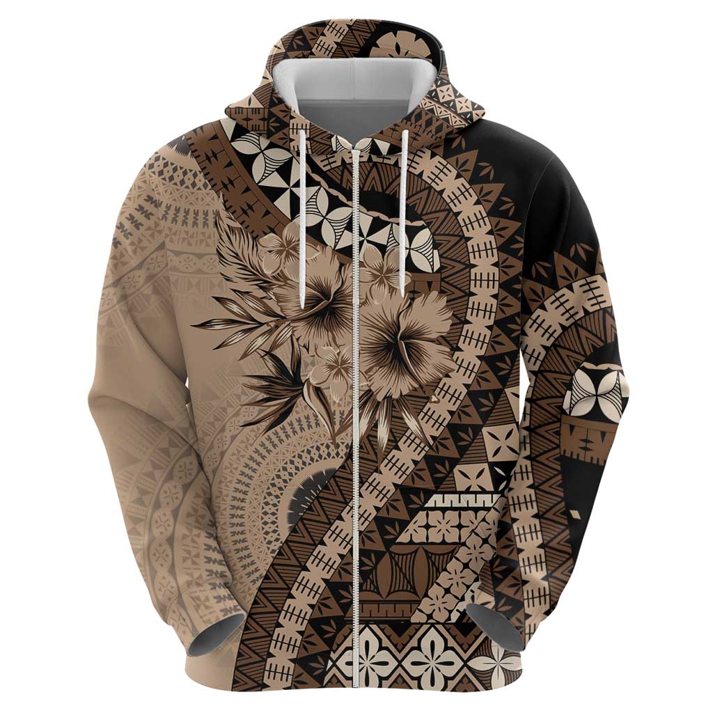 Bula Fiji Zip Hoodie Mocha Brown Kaivity Masi Tapa LT7 - Polynesian Pride