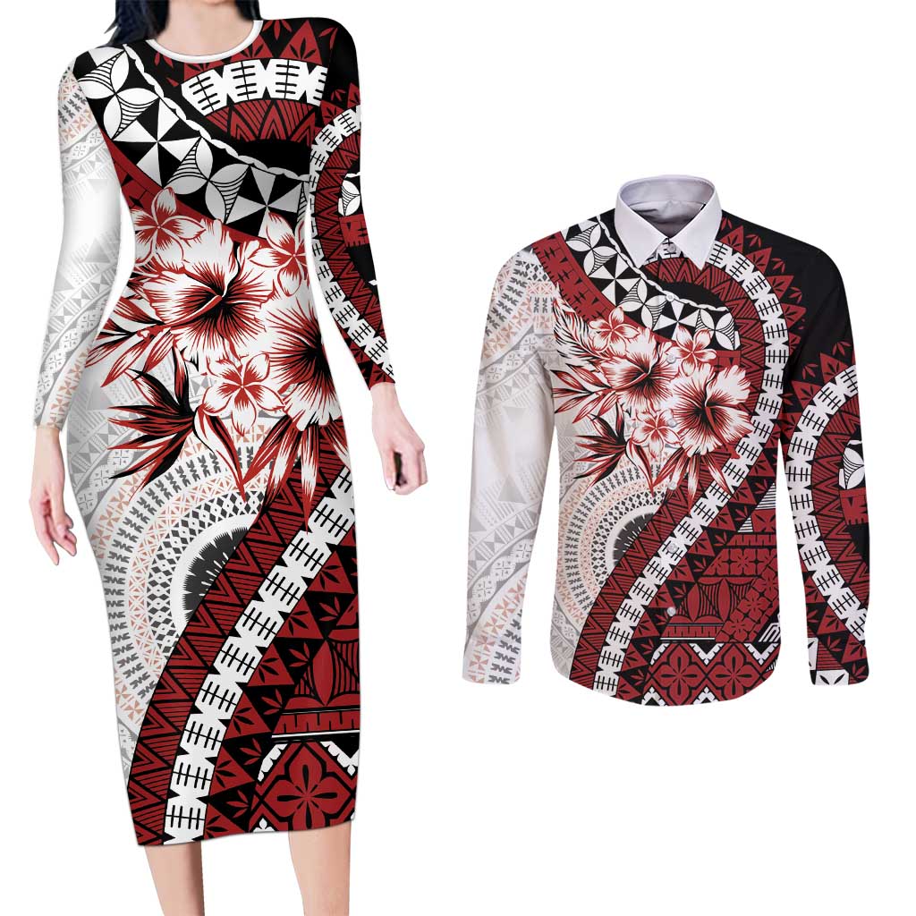 Bula Fiji Couples Matching Long Sleeve Bodycon Dress and Long Sleeve Button Shirt White Kaivity Masi Tapa