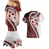 Bula Fiji Couples Matching Mermaid Dress and Hawaiian Shirt White Kaivity Masi Tapa