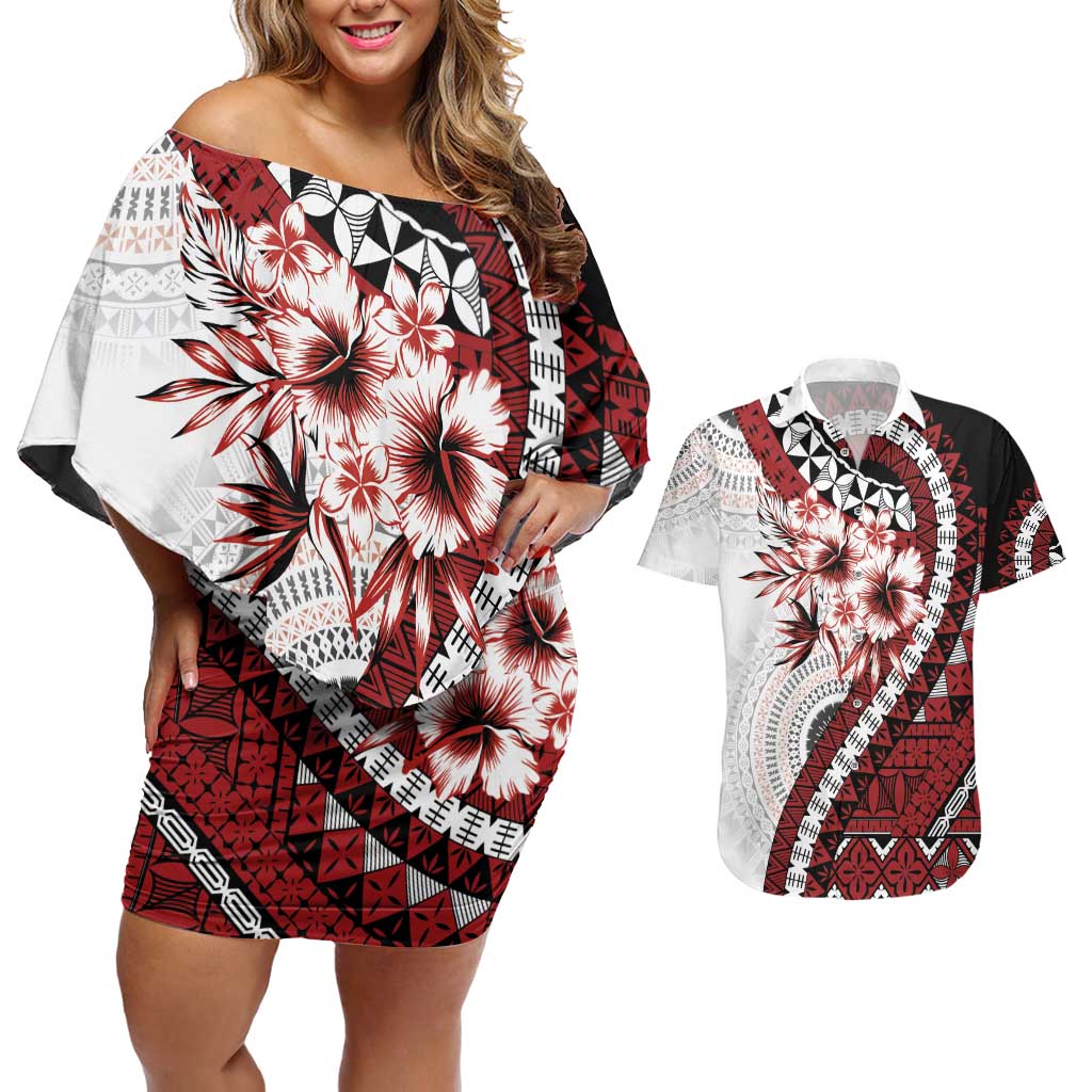 Bula Fiji Couples Matching Off Shoulder Short Dress and Hawaiian Shirt White Kaivity Masi Tapa