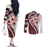 Bula Fiji Couples Matching Off The Shoulder Long Sleeve Dress and Long Sleeve Button Shirt White Kaivity Masi Tapa