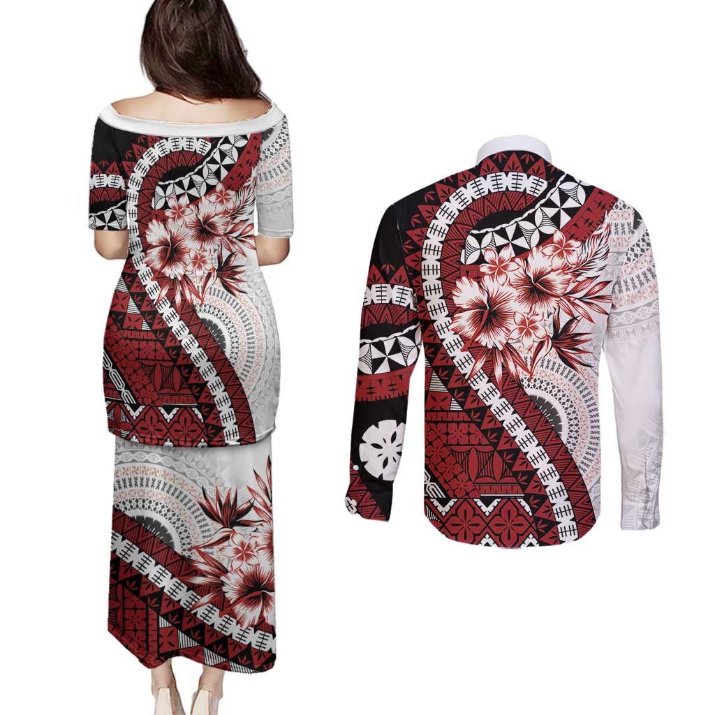 Bula Fiji Couples Matching Puletasi and Long Sleeve Button Shirt White Kaivity Masi Tapa