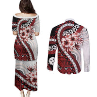 Bula Fiji Couples Matching Puletasi and Long Sleeve Button Shirt White Kaivity Masi Tapa