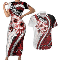 Bula Fiji Couples Matching Short Sleeve Bodycon Dress and Hawaiian Shirt White Kaivity Masi Tapa