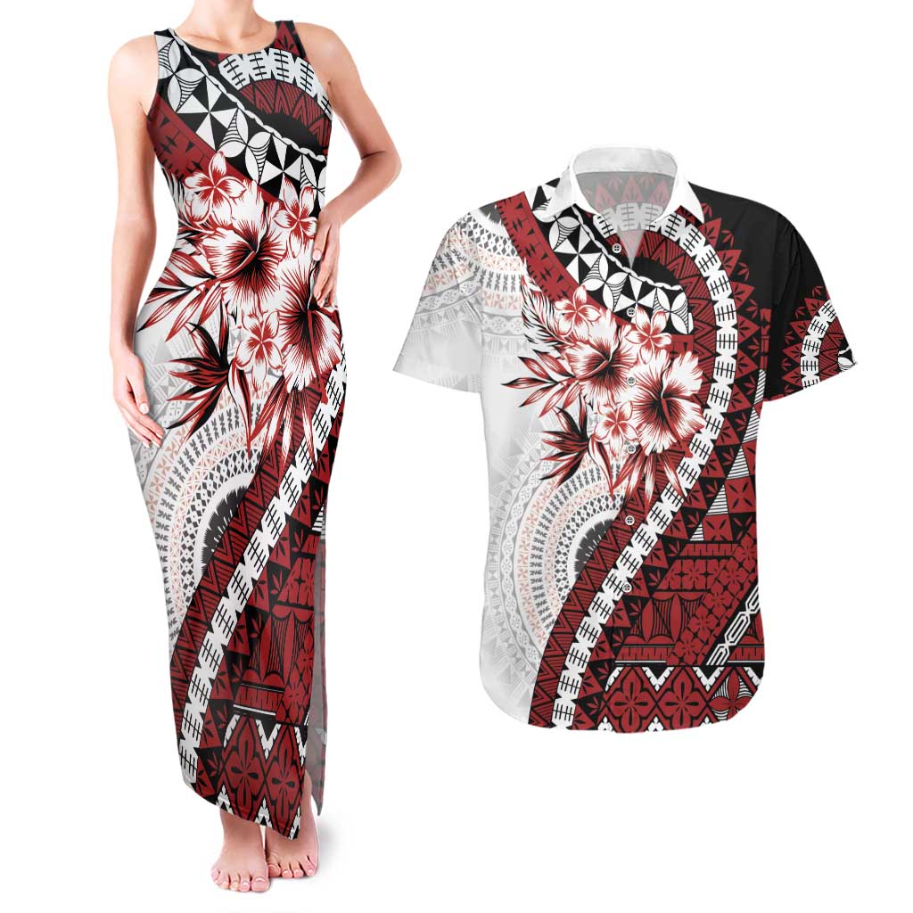 Bula Fiji Couples Matching Tank Maxi Dress and Hawaiian Shirt White Kaivity Masi Tapa