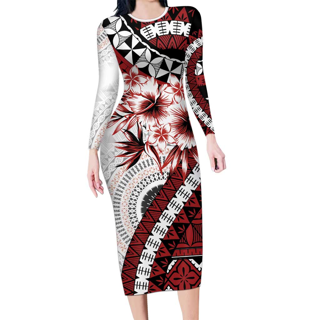 Bula Fiji Family Matching Long Sleeve Bodycon Dress and Hawaiian Shirt White Kaivity Masi Tapa