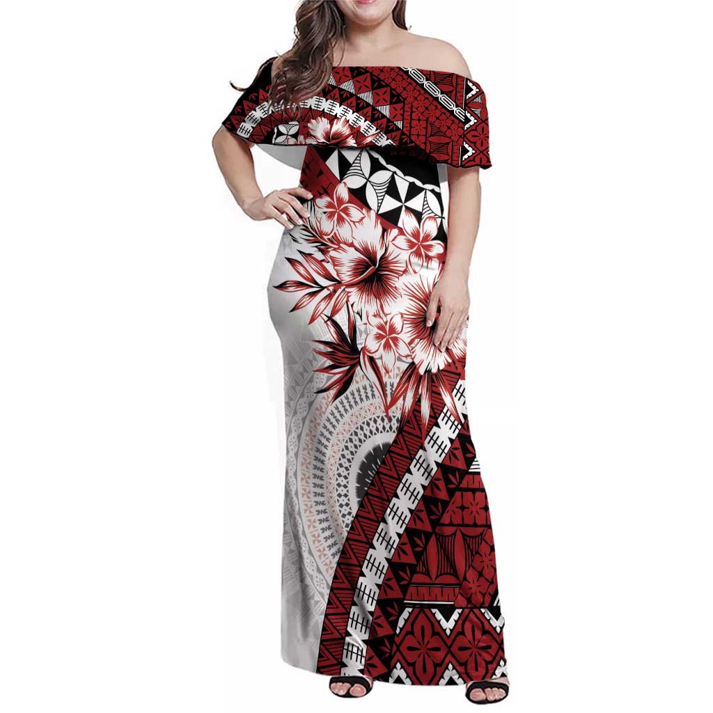Bula Fiji Family Matching Off Shoulder Maxi Dress and Hawaiian Shirt White Kaivity Masi Tapa
