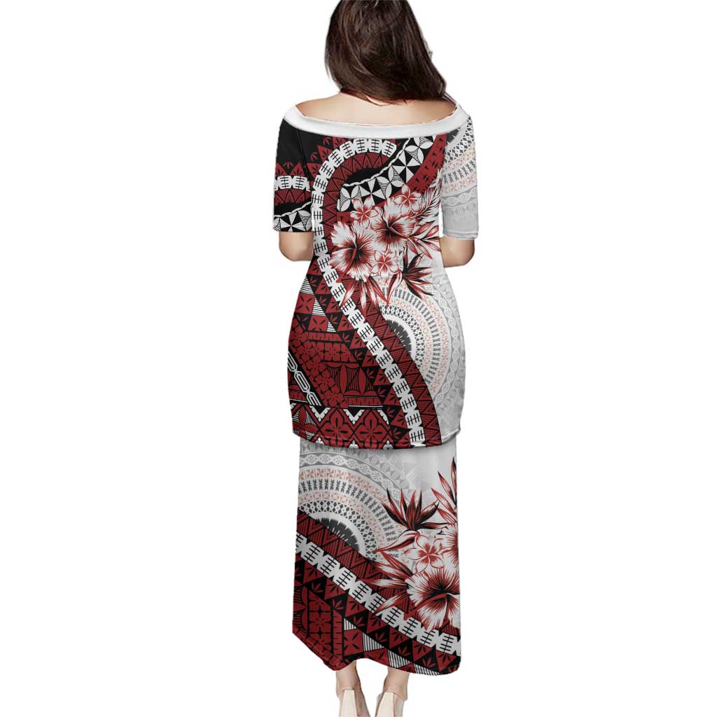 Bula Fiji Family Matching Puletasi and Hawaiian Shirt White Kaivity Masi Tapa