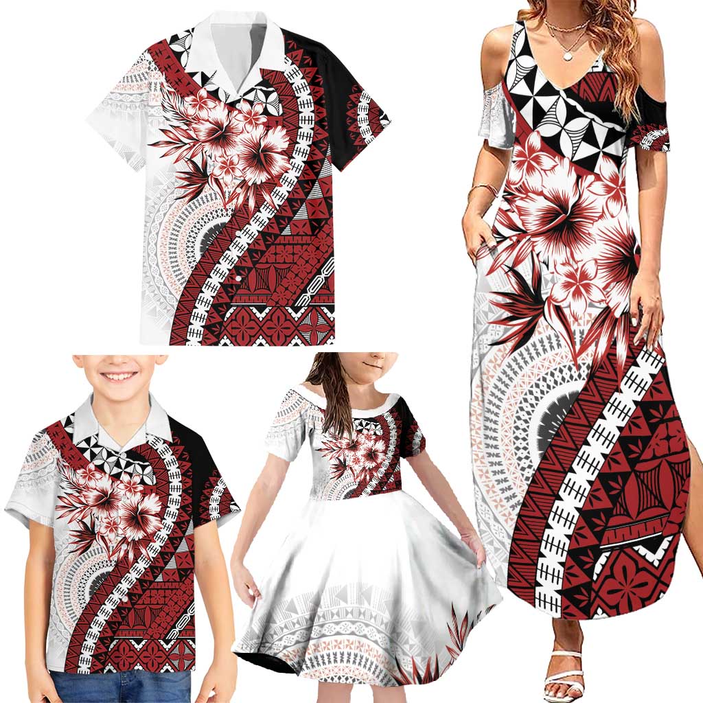 Bula Fiji Family Matching Summer Maxi Dress and Hawaiian Shirt White Kaivity Masi Tapa