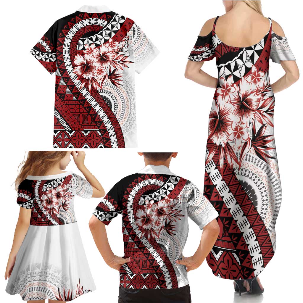 Bula Fiji Family Matching Summer Maxi Dress and Hawaiian Shirt White Kaivity Masi Tapa