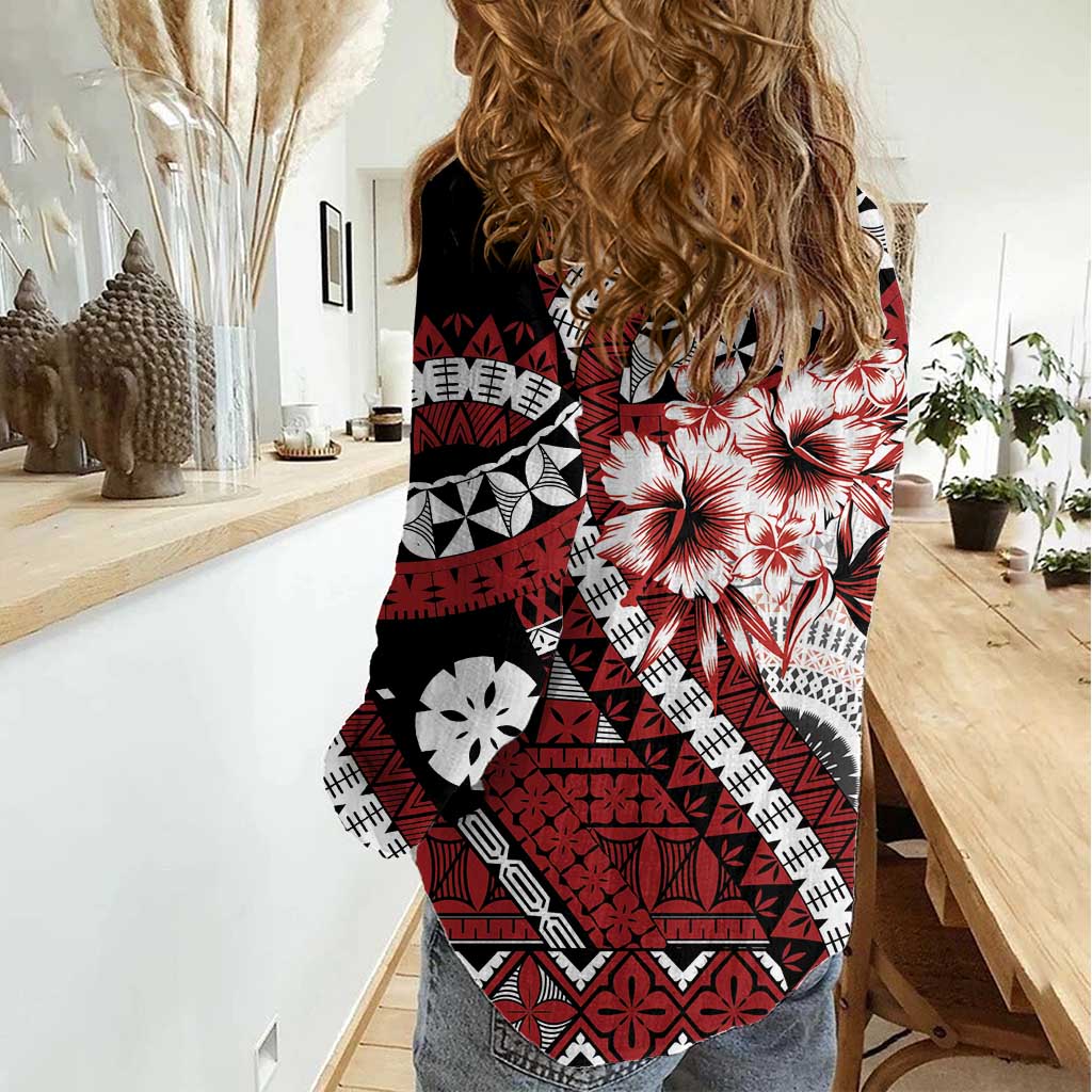 Bula Fiji Women Casual Shirt White Kaivity Masi Tapa LT7 - Polynesian Pride