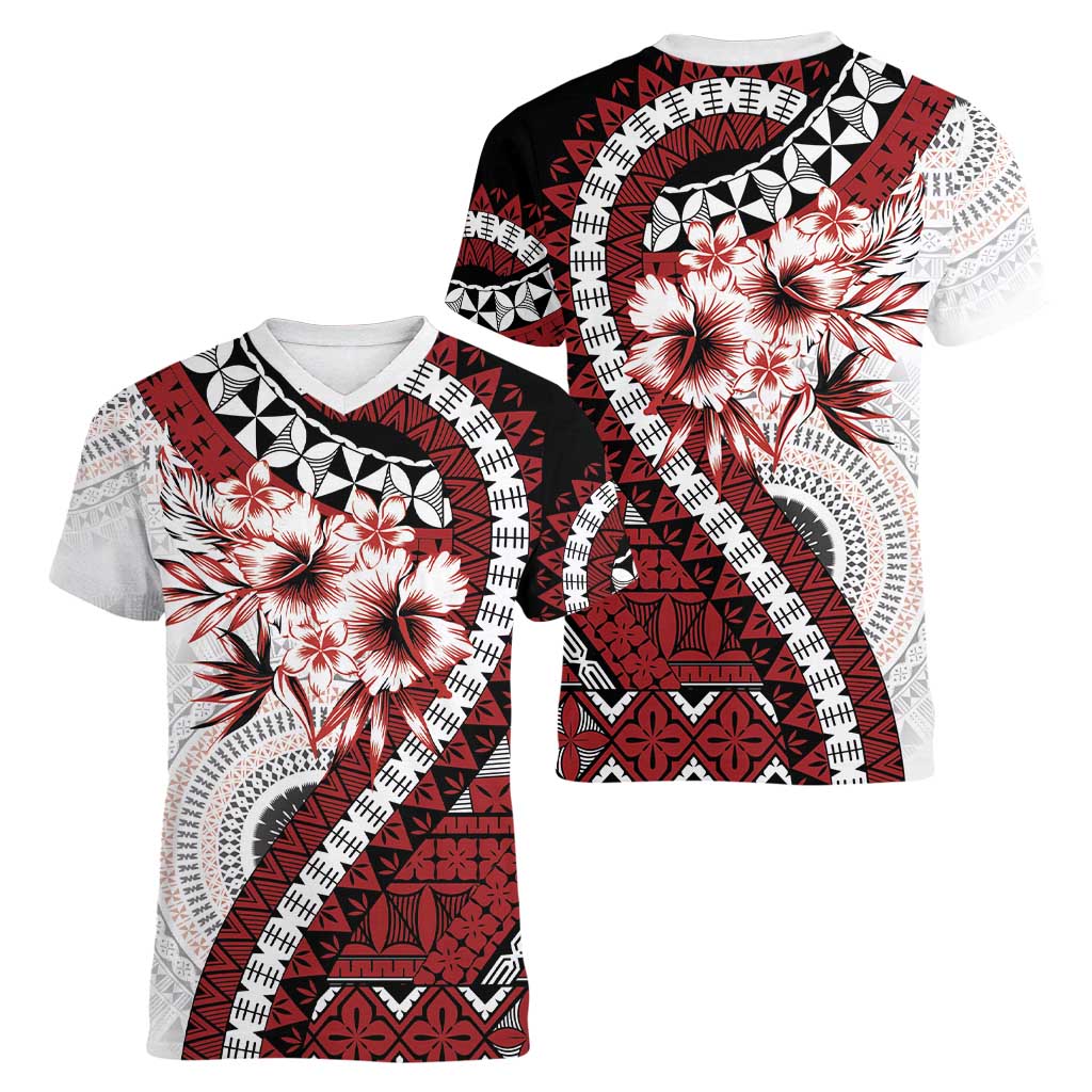 Bula Fiji Women V-Neck T-Shirt White Kaivity Masi Tapa LT7 - Polynesian Pride